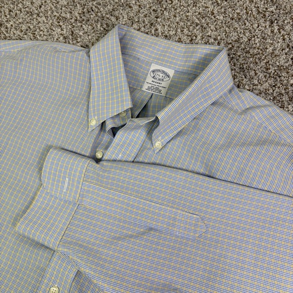 Brooks Brothers Shirt Men 17 1/2-33 Blue Yellow Long Sleeve Button Regent - Picture 1 of 10